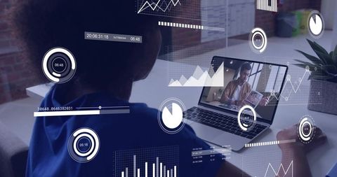 Remote team collaborating on virtual meeting with interactive data dashboards and analytics