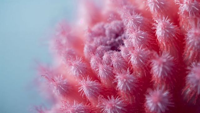 Macro pink coral polyps revealing white-tipped tentacles against pale blue background