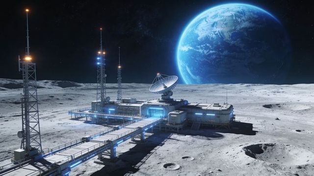 Futuristic lunar research base spanning moon surface with earthrise and communication array