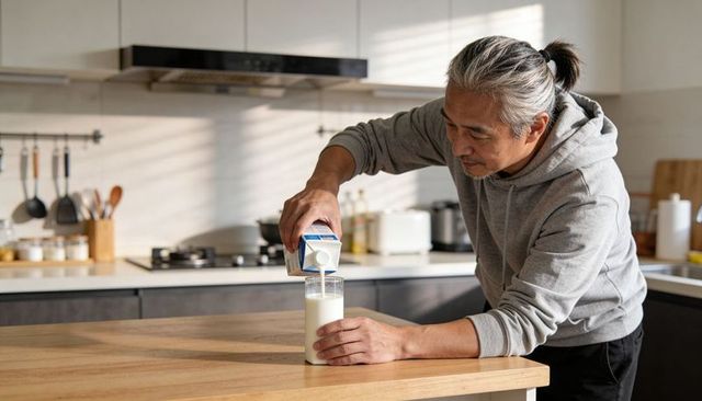 Senior man pouring milk into tall glass on wooden island in modern minimalist kitchen