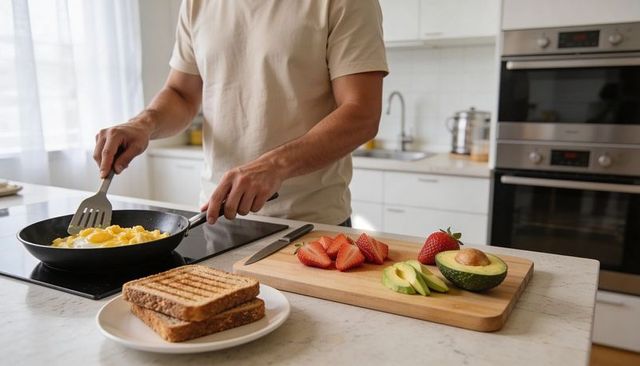Man scrambling eggs on cooktop with avocado, sliced strawberries and whole grain toast