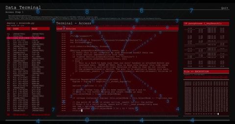 Cybersecurity Data Terminal Displaying Red Code Pane with Credentials and Hex Dump