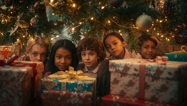 Curious Children Peeking from Beneath Christmas Tree with Gifts