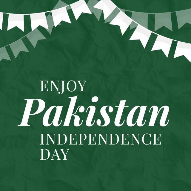 Illustration of buntings with enjoy pakistan independence day text on green background, copy space. decoration, patriotism, celebration, freedom and identity concept.