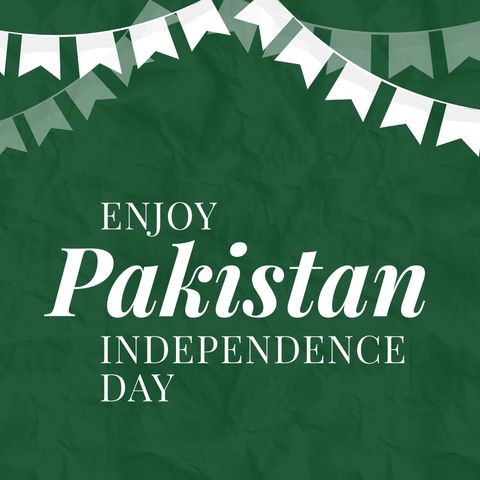 Illustration of buntings with enjoy pakistan independence day text on green background, copy space. decoration, patriotism, celebration, freedom and identity concept.