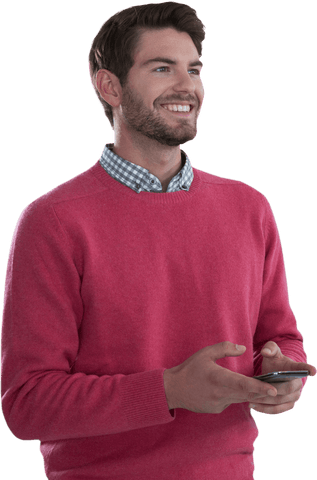 smiling man in red sweater with mobile phone on transparent background - Download Free Stock Videos Pikwizard.com