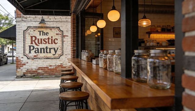 Rustic pantry counter with mason jars and wooden stools facing sidewalk cafe window