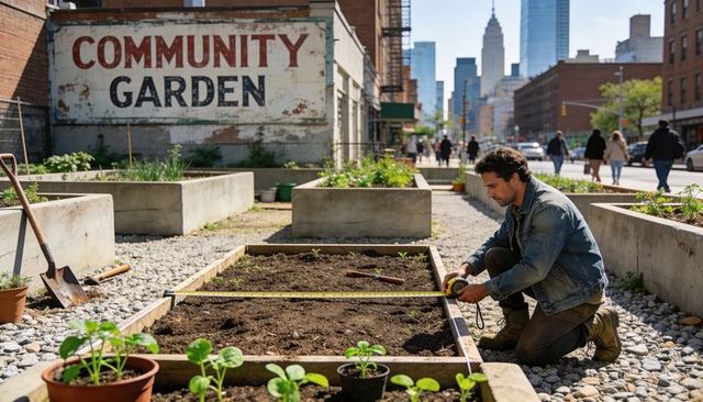 Gardener kneeling and measuring raised bed in urban community garden for spring planting