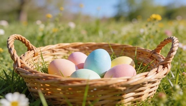 Sunlit wicker basket holding pastel easter eggs resting on green meadow with flowers