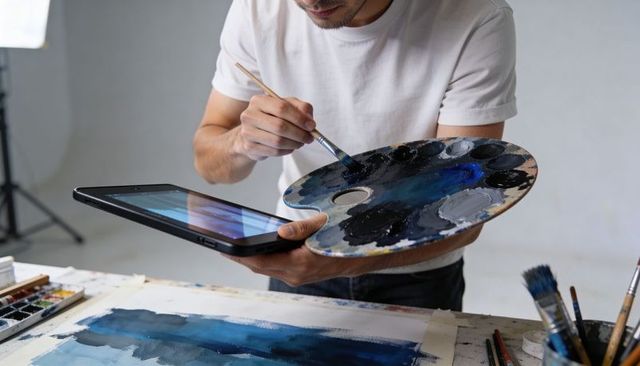 Artist mixing blue paints on palette while referencing tablet, studio painter at work