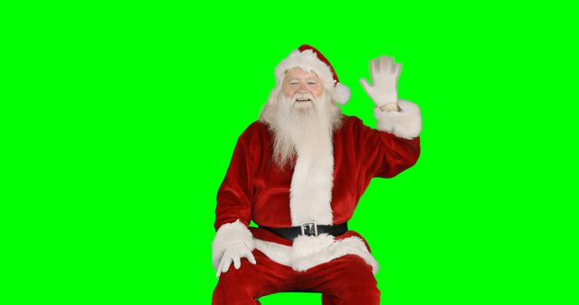 Santa Claus in traditional red suit posing and waving his right hand with a happy expression on a green screen background. Perfect for holiday greeting cards, festive advertisements, Christmas-themed videos, winter promotions, and any holiday-related design projects.