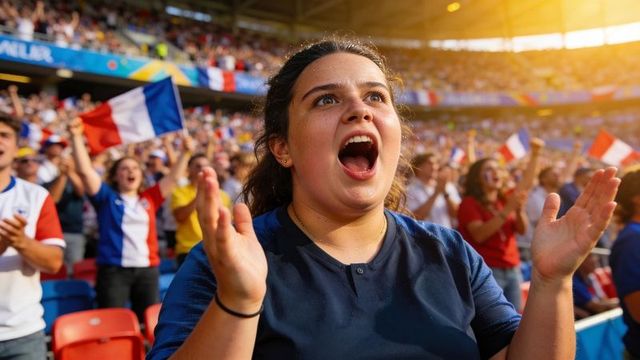 Sunlit female fan cheering in stadium with french flags and energetic crowd, clapping loudly