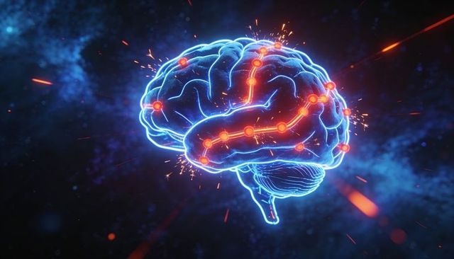 Neon brain glowing with electric neural pathways, sparking orange-red connections