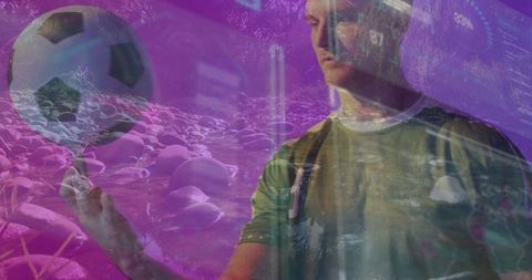 Athlete Balancing Soccer Ball Amid Futuristic Digital Elements
