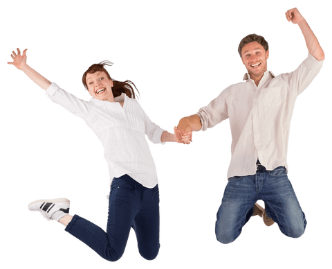 Cheerful couple holding hands and jumping transparent background