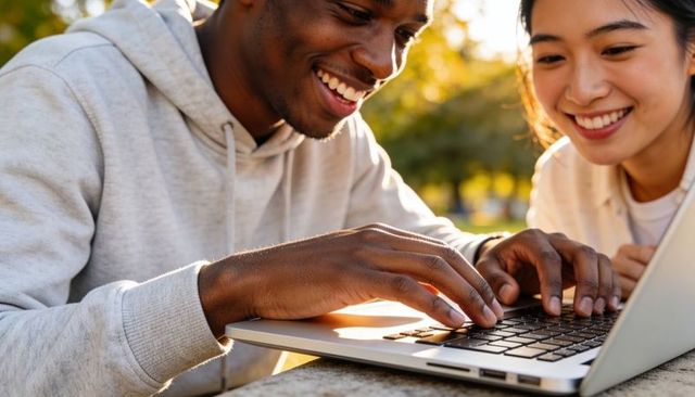 Young adults collaborating on laptop outdoors, smiling students typing at campus table