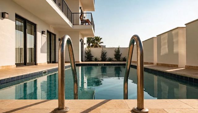 Sunlit modern courtyard pool reflecting clean architecture with woman lounging on balcony
