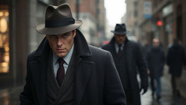 Brooding man walking rainy downtown in fedora and dark overcoat, cinematic noir portrait