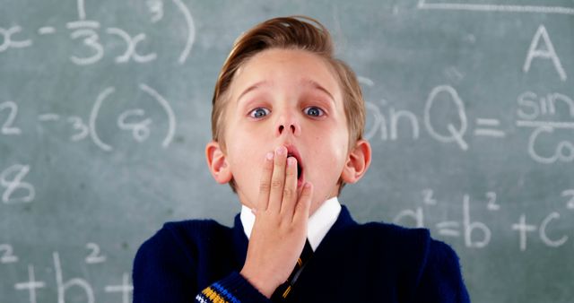 A young Caucasian boy in a school uniform appears surprised or shocked in front of a chalkboard filled with mathematical equations, with copy space. His wide eyes and hand over his mouth suggest a moment of astonishment or realization in a classroom setting.