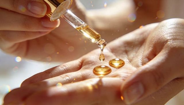 Golden facial oil droplets dispensing with glass dropper on open palm in warm sunlight