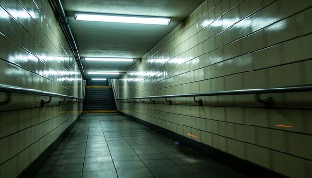Empty underground passage leading to stairs, fluorescent lights, glossy tiled walls