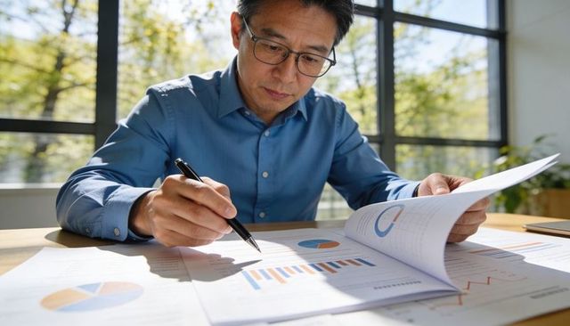 Business analyst annotating printed charts and graphs at sunlit desk, conducting analysis