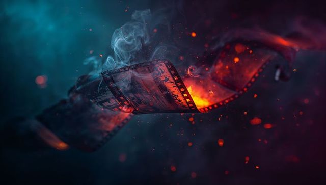 Burning Film Strip with Flames and Embers in Dark Abstract Void