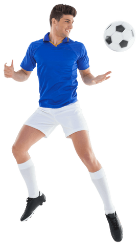 Caucasian football player kicking ball on transparent background