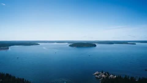 Drone capturing wide coastal bay with tree-covered island and boat wakes