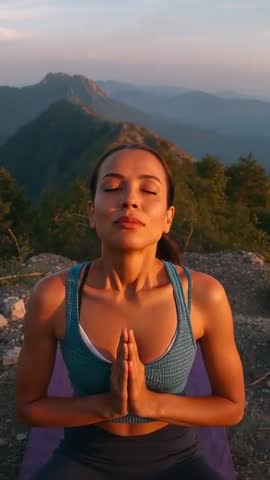 Vertical video: Woman practicing sunrise breathwork and meditation on mountain ridge