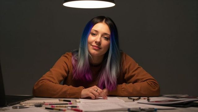 Young woman with blue-purple ombre hair studying late at desk under pendant lamp