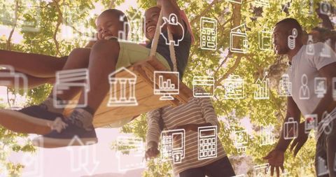 Parents steadying children on wooden swing under leafy tree with finance icons overlay