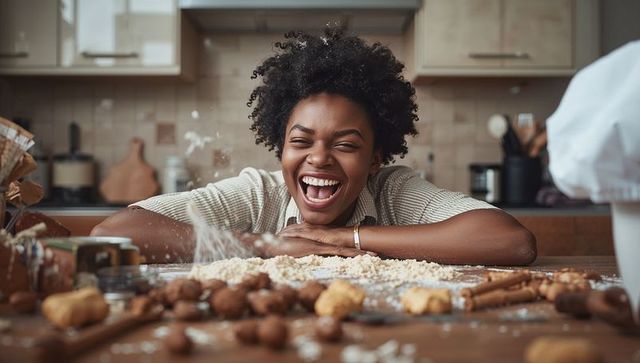 Laughing woman baking cookies, playful flour dusting in sunlit cozy kitchen