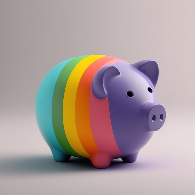Piggy bank with rainbow colors. Represents saving money, budgeting and financial planning. Great for articles about children's financial education, learning about investments, or promoting savings for various age groups. Ideal for blogs, websites and advertisements focusing on finance and money management.