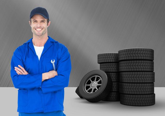 Mechanic in blue uniform stands smiling with arms crossed in front of stack of tires. Suitable for use in advertising car repair services, automotive industry, and professional workshops. Ideal for websites, brochures, and marketing materials related to car maintenance and repair.