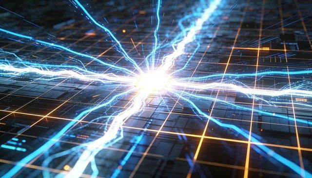Central energy core emitting blue electric arcs across futuristic circuit grid with orange lattice
