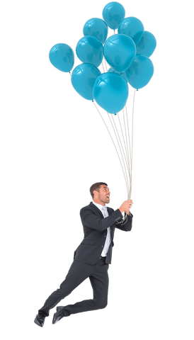 Businessman floating with blue balloons on transparent background