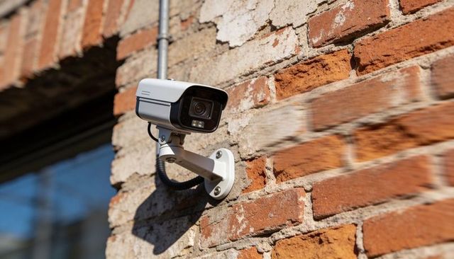 White bullet surveillance camera monitoring weathered red brick facade near window
