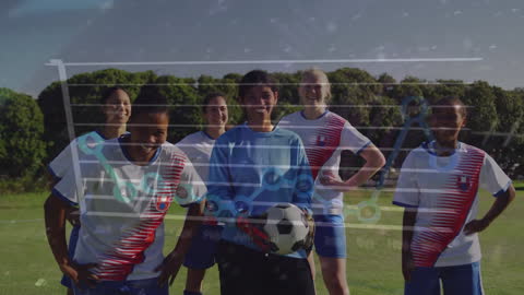 Diverse Female Soccer Team with Data Overlays