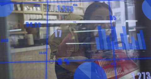 Female Shopper Activating Augmented Retail Analytics Overlay with Blue Dataviz Dashboard