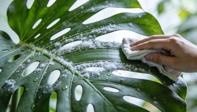 Wiping monstera leaf with cloth removing dust and residue on glossy tropical foliage