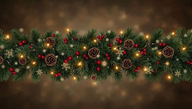 Festive Fir Garland with Pinecones, Red Berries and Warm Lights on Brown Bokeh Background