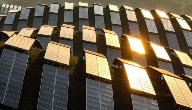 Hillside solar panels reflecting golden sunlight across repeating tilted arrays