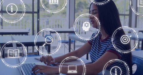 Teenage girl typing on laptop with e-learning icons overlaid in sunlit classroom