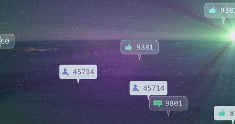 Floating social media notification bubbles over calm ocean with futuristic sunburst overlay