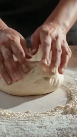Artisan Baker Folding and Sealing Dough on Floured Board | Vertical Closeup