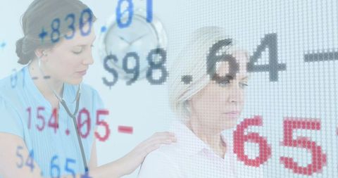Female Doctor Consoling Senior Patient with Financial Data Overlay
