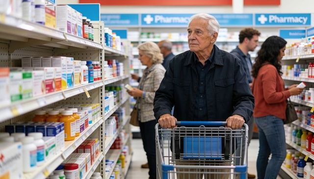 Senior man pushing shopping cart down pharmacy aisle choosing vitamins and medications