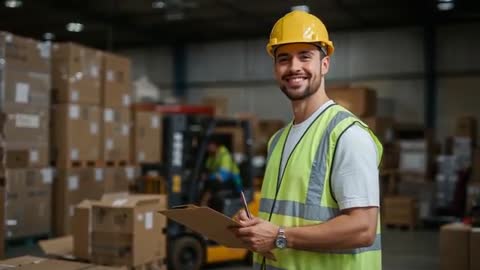 Smiling Warehouse Supervisor Managing Inventory with Forklift in Background