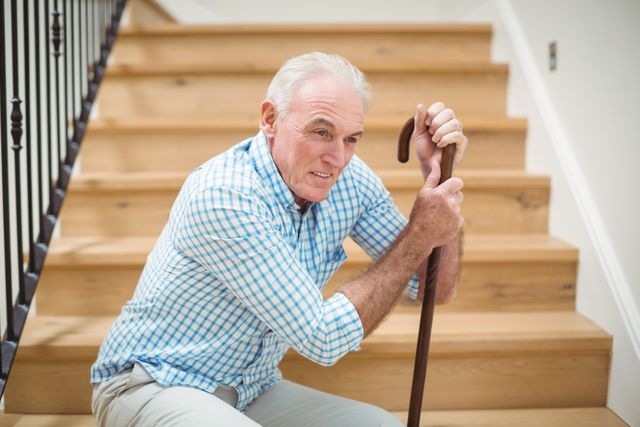 Elderly man sitting on stairs at home, holding a cane and looking tired. Useful for topics related to aging, senior health, mobility issues, home safety, and retirement lifestyle. Can be used in articles, blogs, and advertisements focusing on elderly care, home modifications for seniors, and health and wellness for older adults.